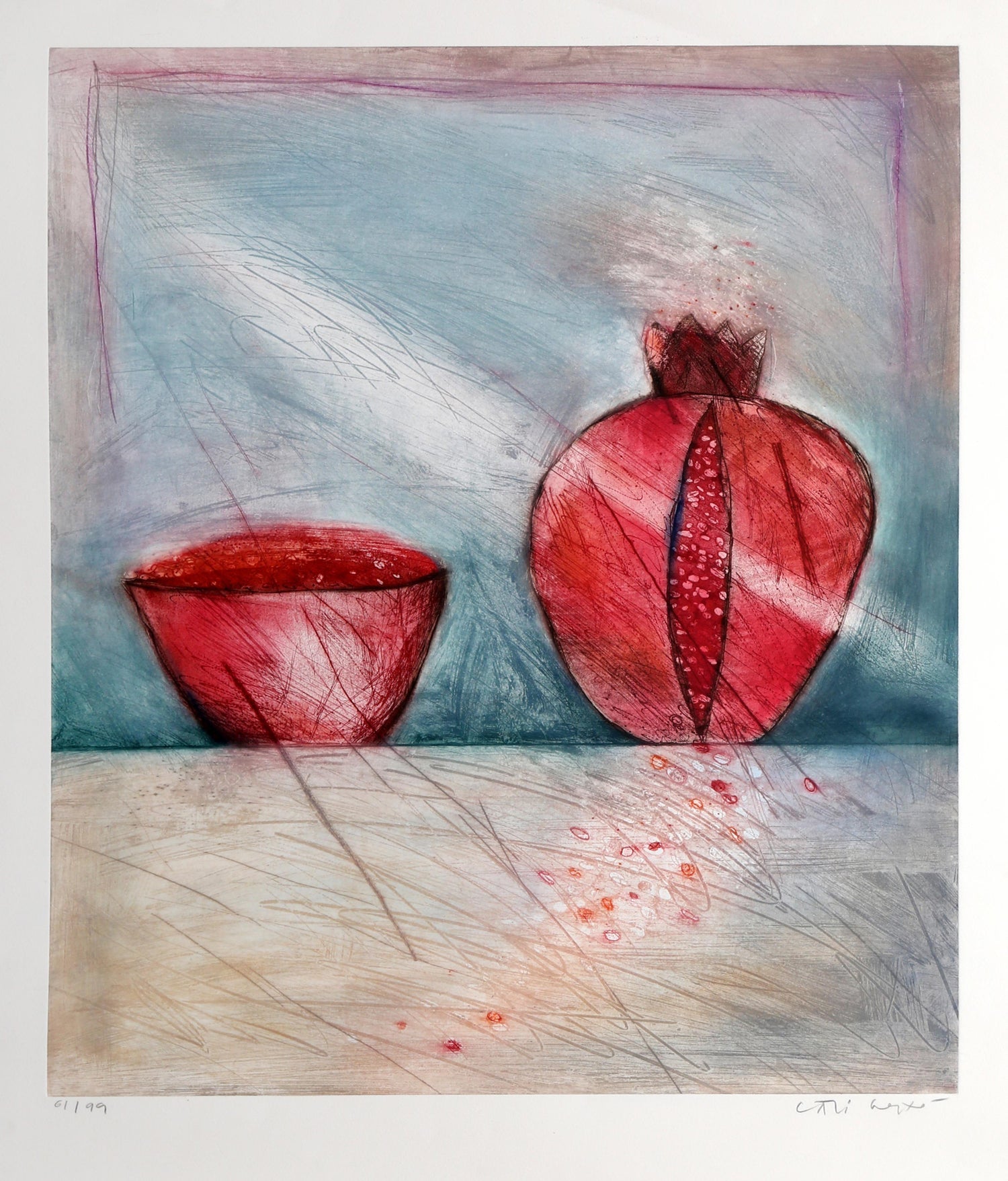 Israeli Modernist Surrealist Etching Cut Pear