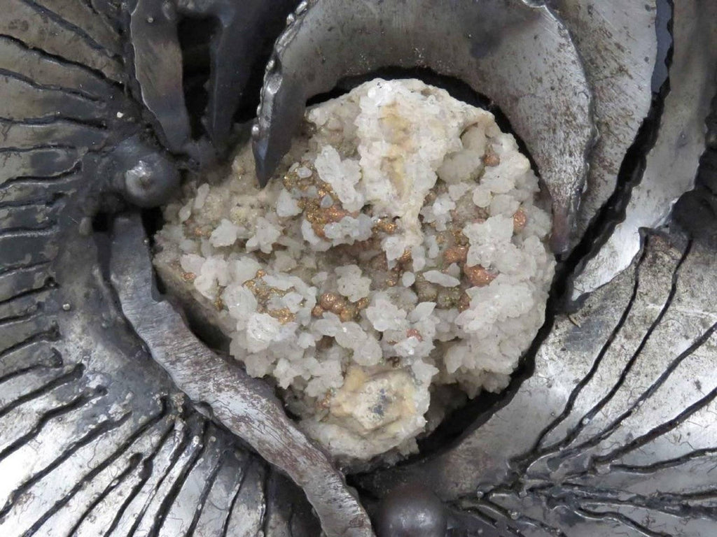 1970s French Brutalist Welded Steel and Raw Mineral Specimen Sculpture Signed