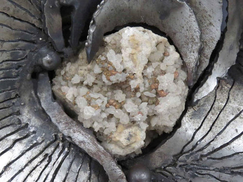 1970s French Brutalist Welded Steel and Raw Mineral Specimen Sculpture Signed