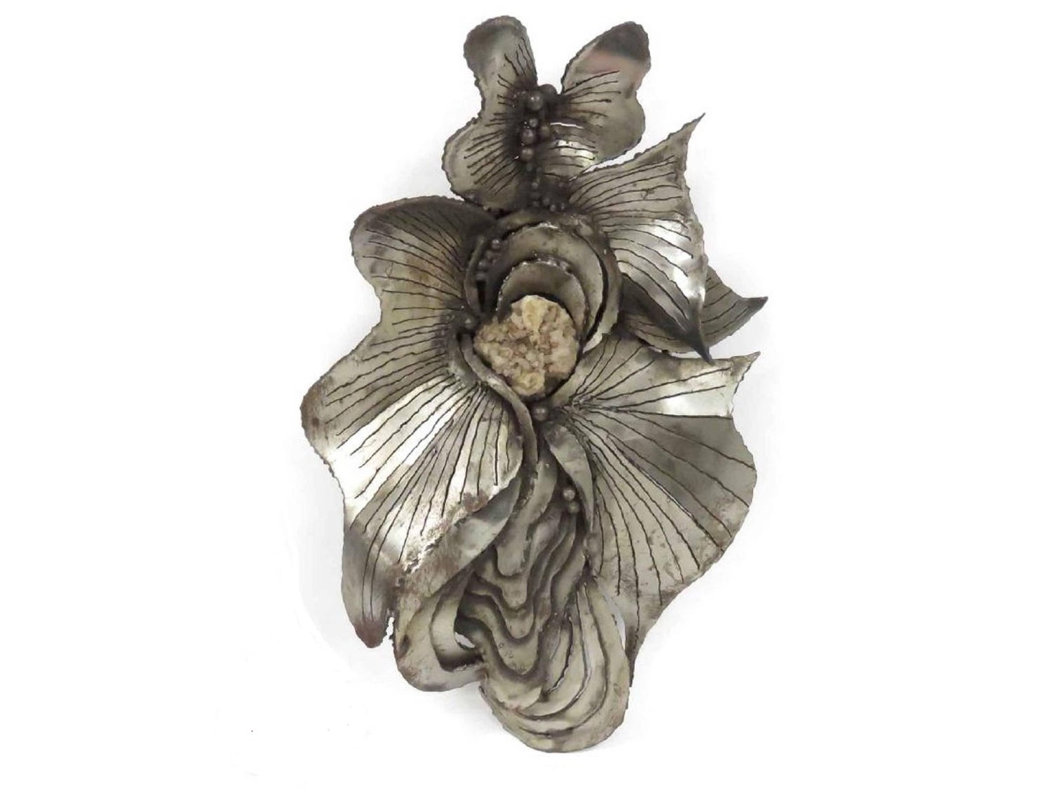 1970s French Brutalist Welded Steel and Raw Mineral Specimen Sculpture Signed