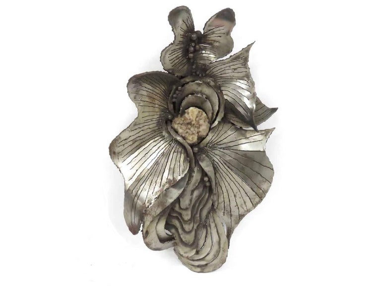 1970s French Brutalist Welded Steel and Raw Mineral Specimen Sculpture Signed