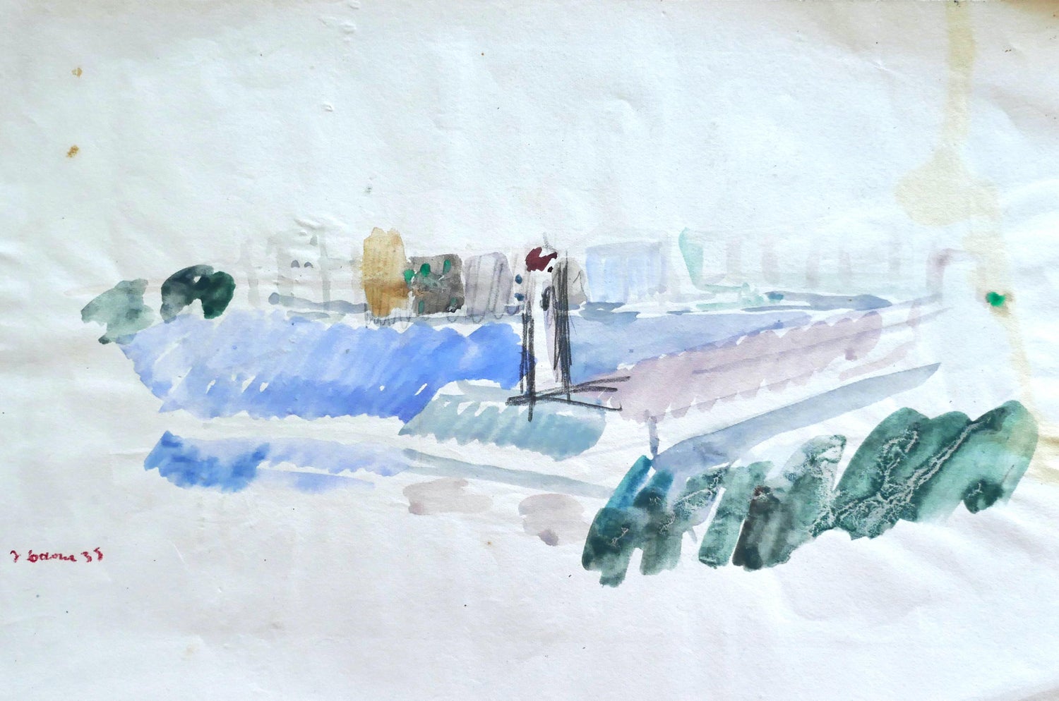 Djibouti, African Landscape Original Israeli Watercolor Cityscape Painting