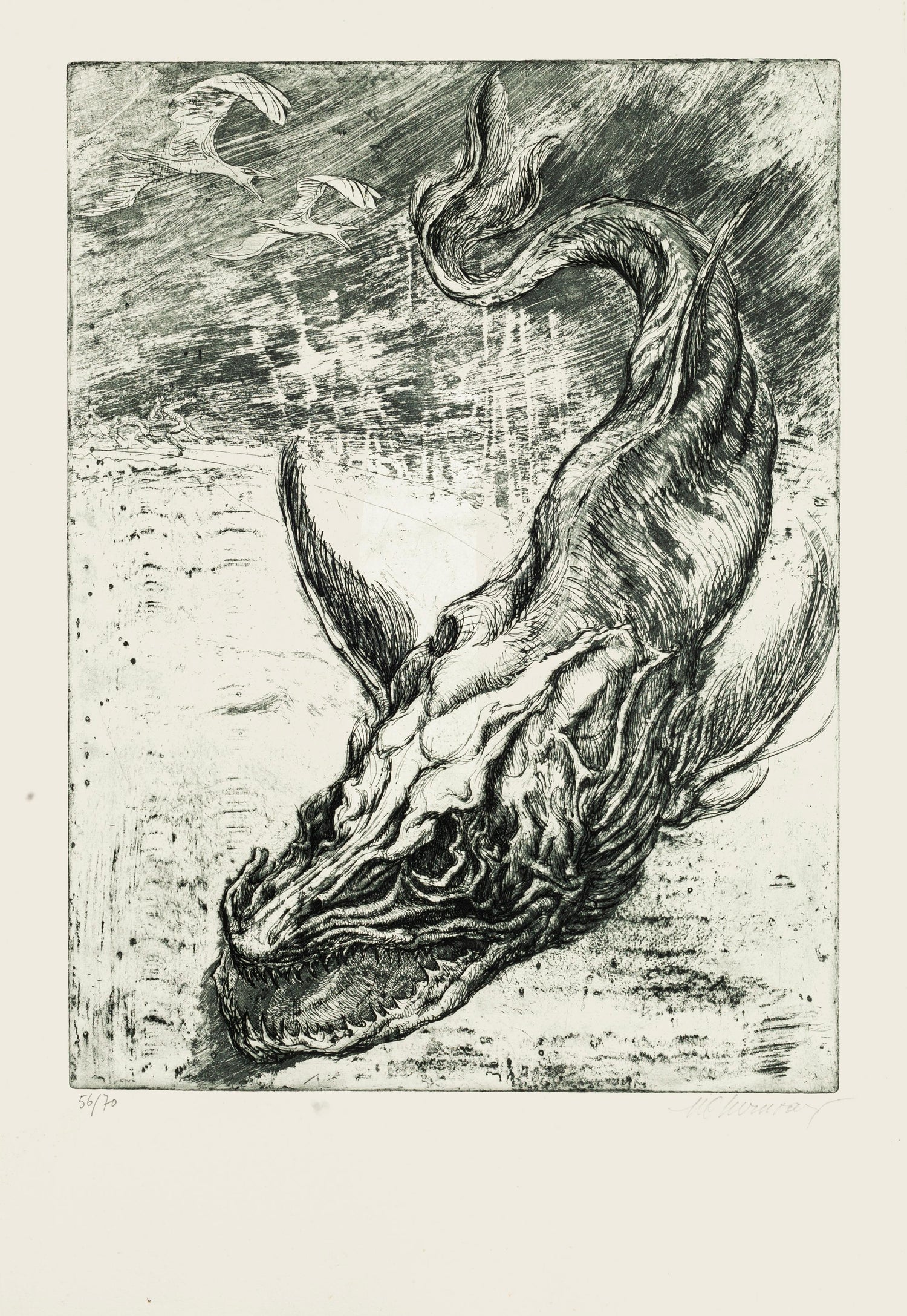 Vintage Vibrant Mod Mythological Dragon Psychedelic Woodblock Woodcut Print