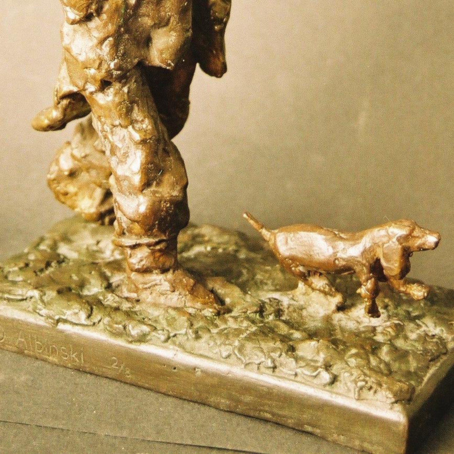 Polish Modernist Man Walking Dog Bronze Expressionist Art Sculpture