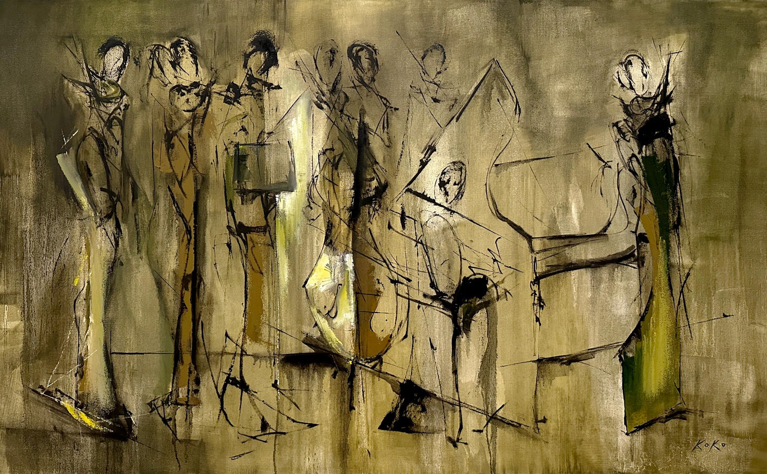 THREE MUSICIANS Large Oil Painting French Israeli Modernist Artist Nissan Engel