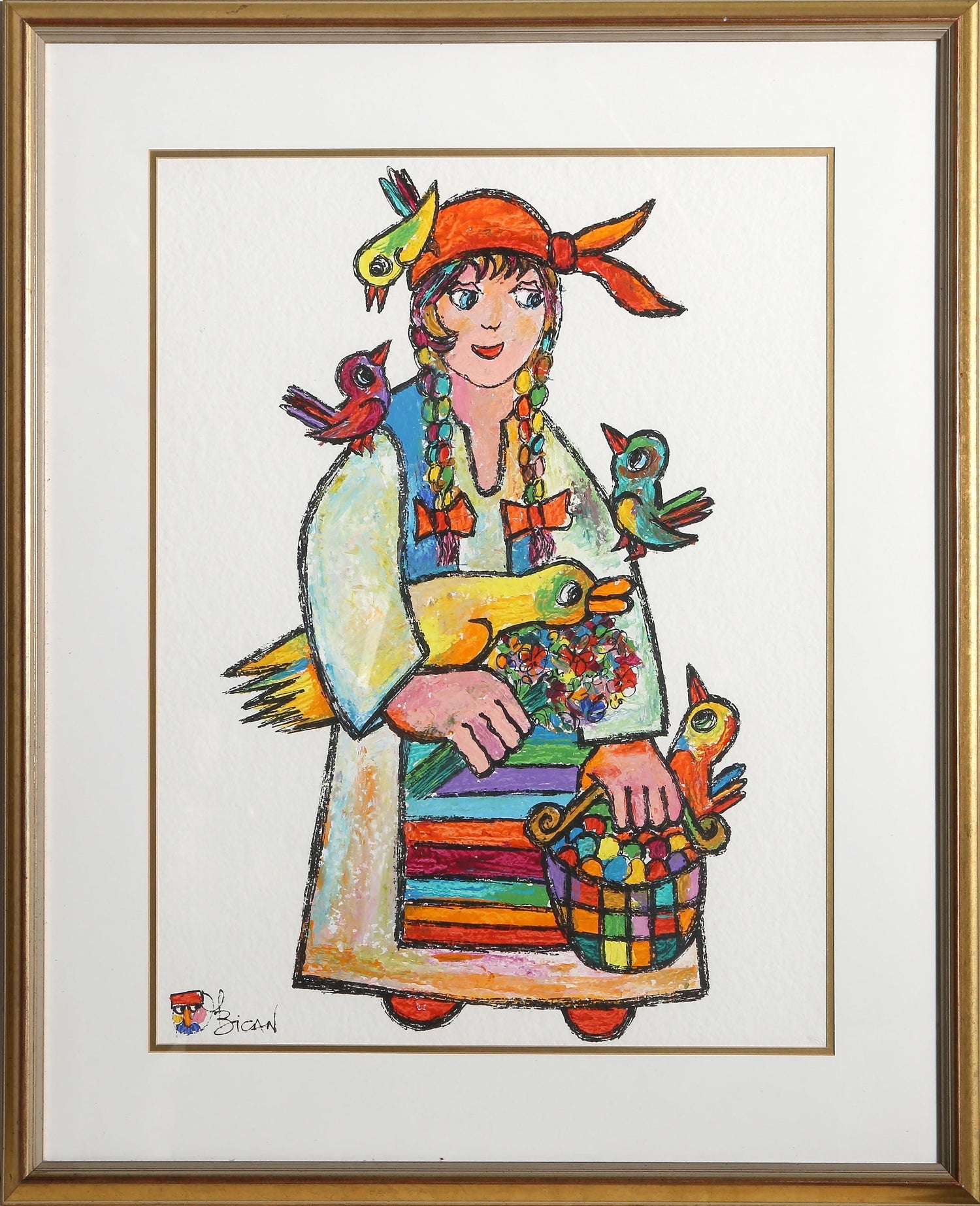 Girl & Plants Enamel Glazed Ceramic Plaque Israeli Artist Awret Naive Folk Art
