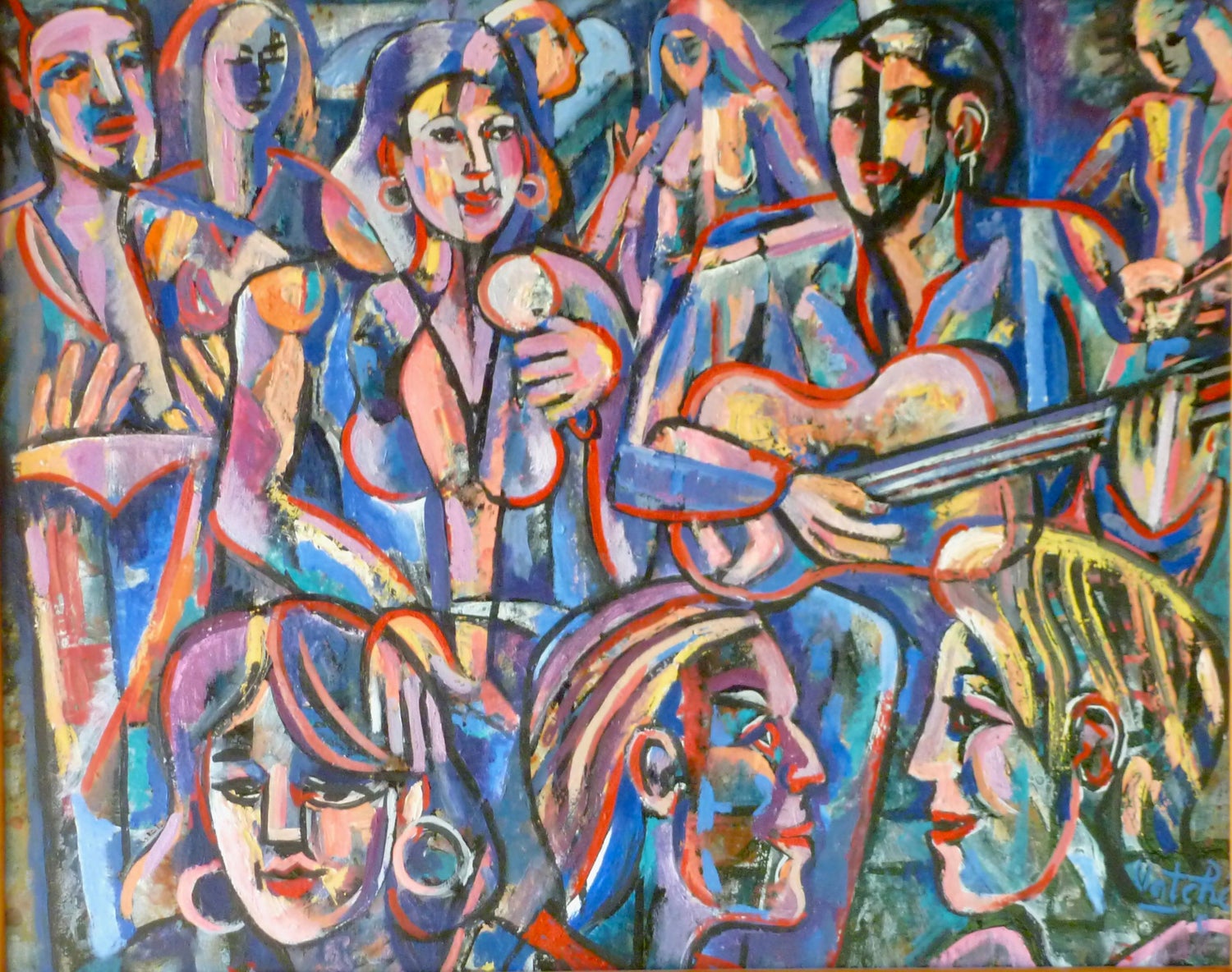 Seymour Remenick Large Modernist Figurative Oil Painting "Folk Singers" Hippies