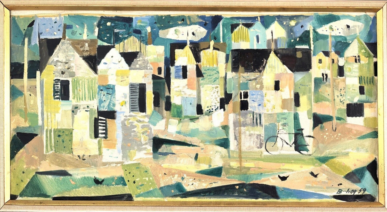 Charles Chartier 1951 French Cubist Modernist Oil Painting Surreal Paris Village