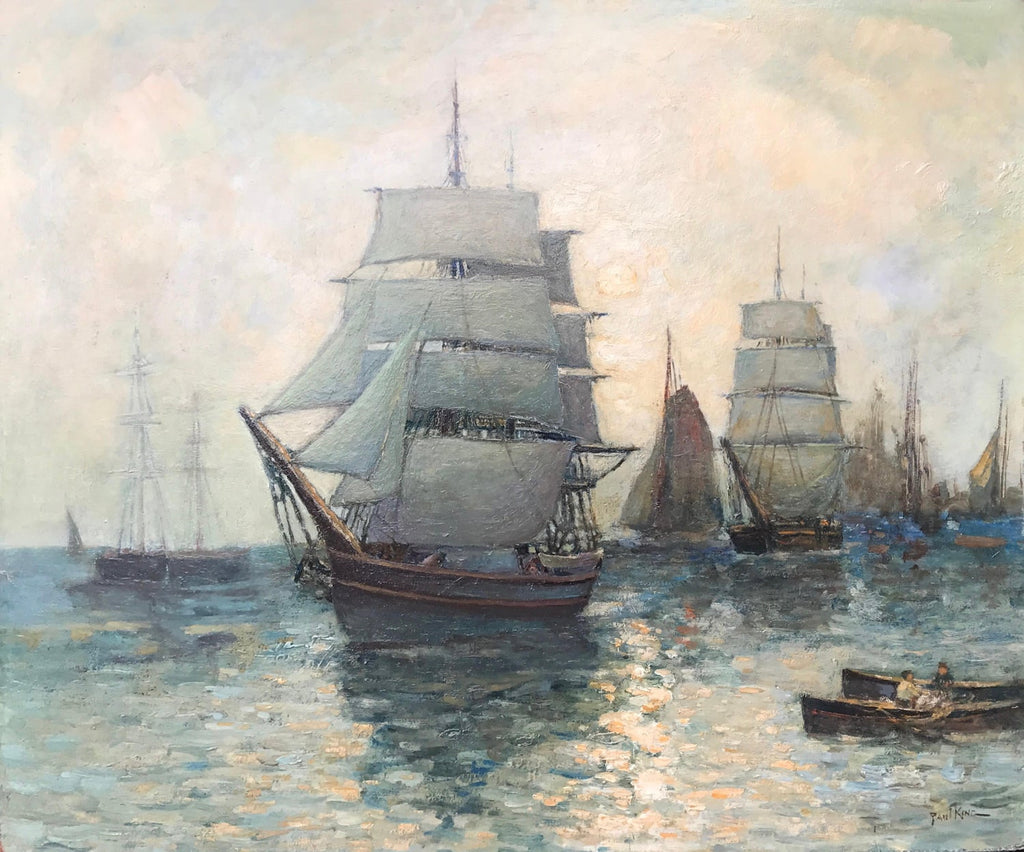 Oil Painting Harbor Scene with Naval Ships Sailors & Boats Hildegarde Hamilton