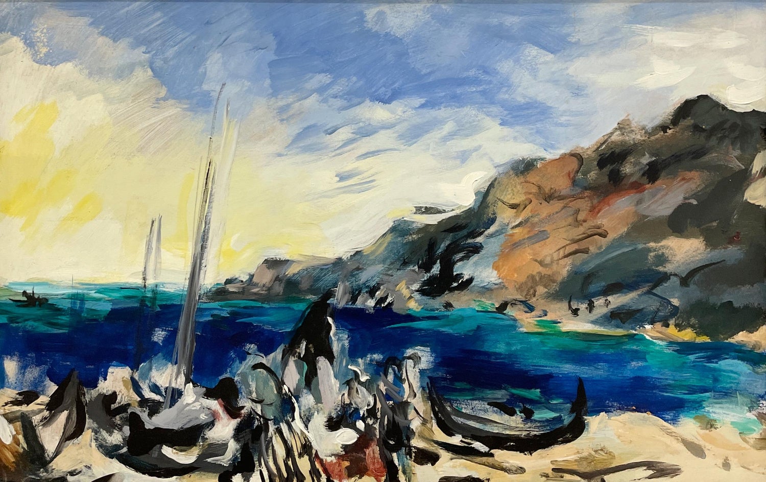 1940s Israeli Modernist Oil Painting Marine Harbor Landscape Bezalel School