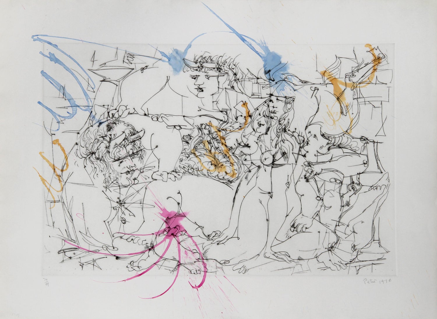 Contemporary Indian Art Master Lithograph in Color Abstract Figures with Cat