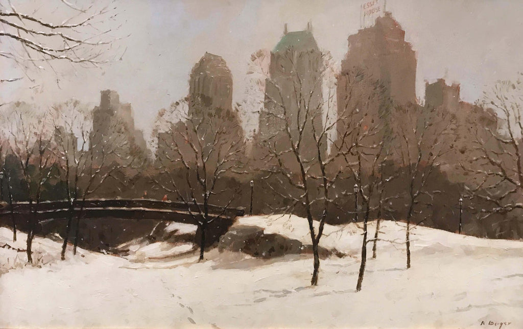 Large Oil Painting Central Park in Winter Robert Sarsony New York City in Snow