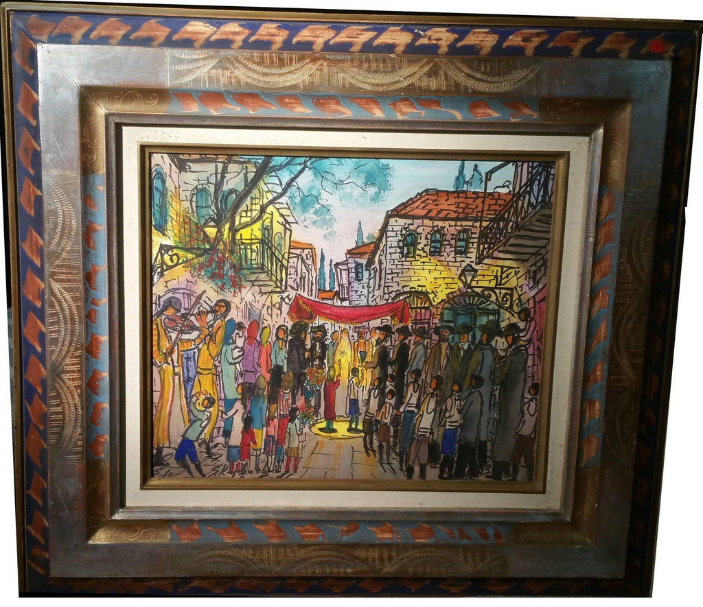 Large Judaica Oil Painting, Polish Jewish Wedding in the Shtetl Chaim Goldberg