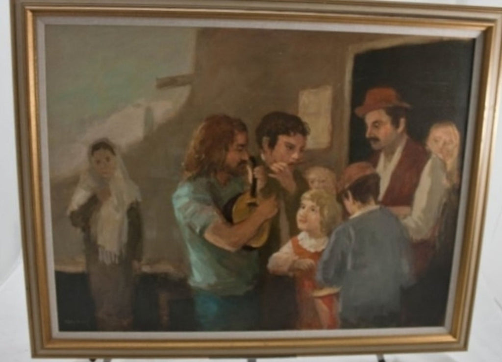 Seymour Remenick Large Modernist Figurative Oil Painting "Folk Singers" Hippies