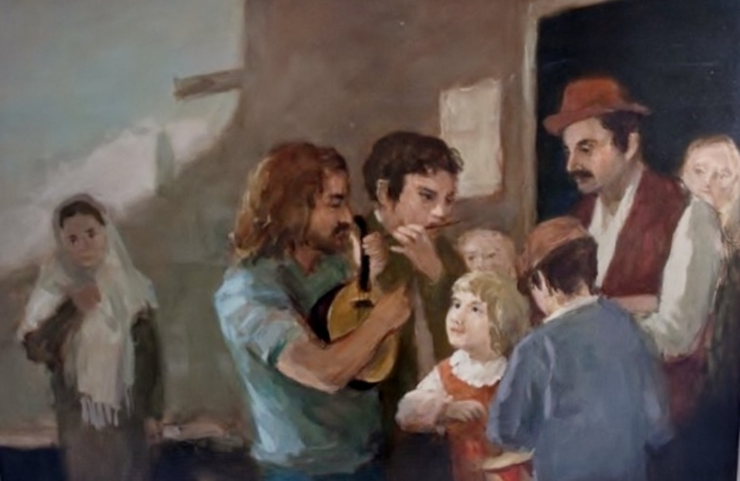 Seymour Remenick Large Modernist Figurative Oil Painting "Folk Singers" Hippies