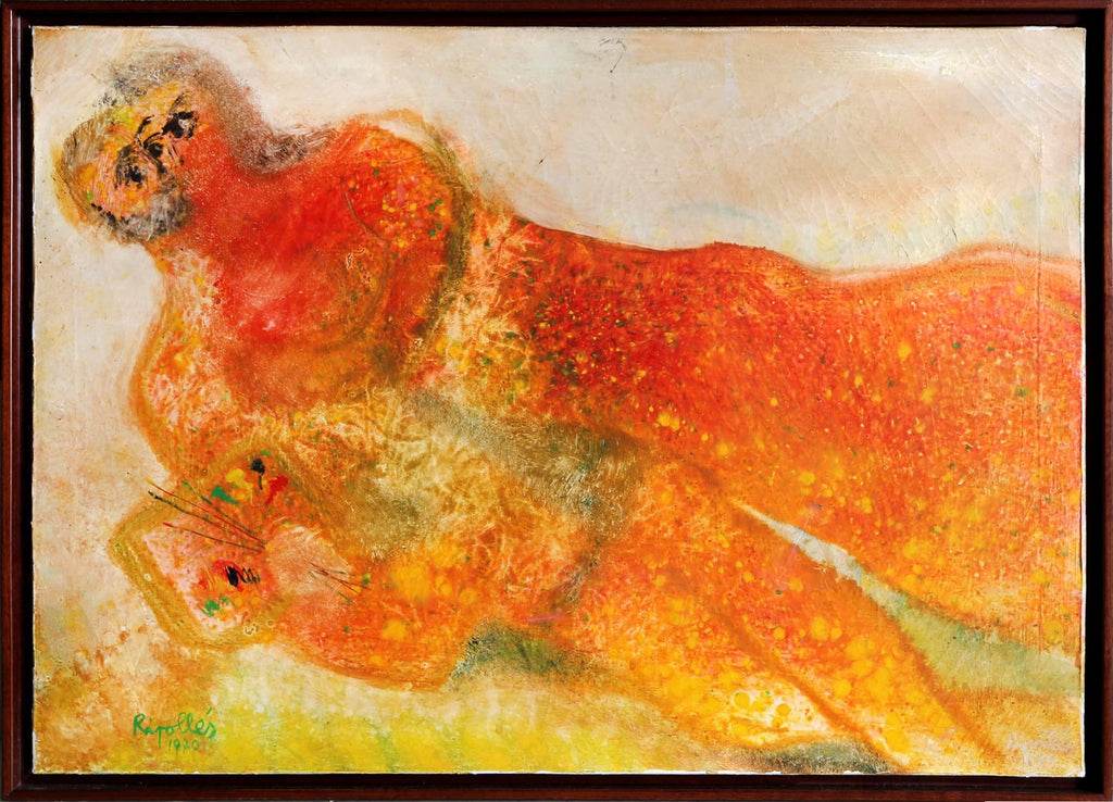 El Balcon, Courting Couple Mexican Modernist Oil Painting