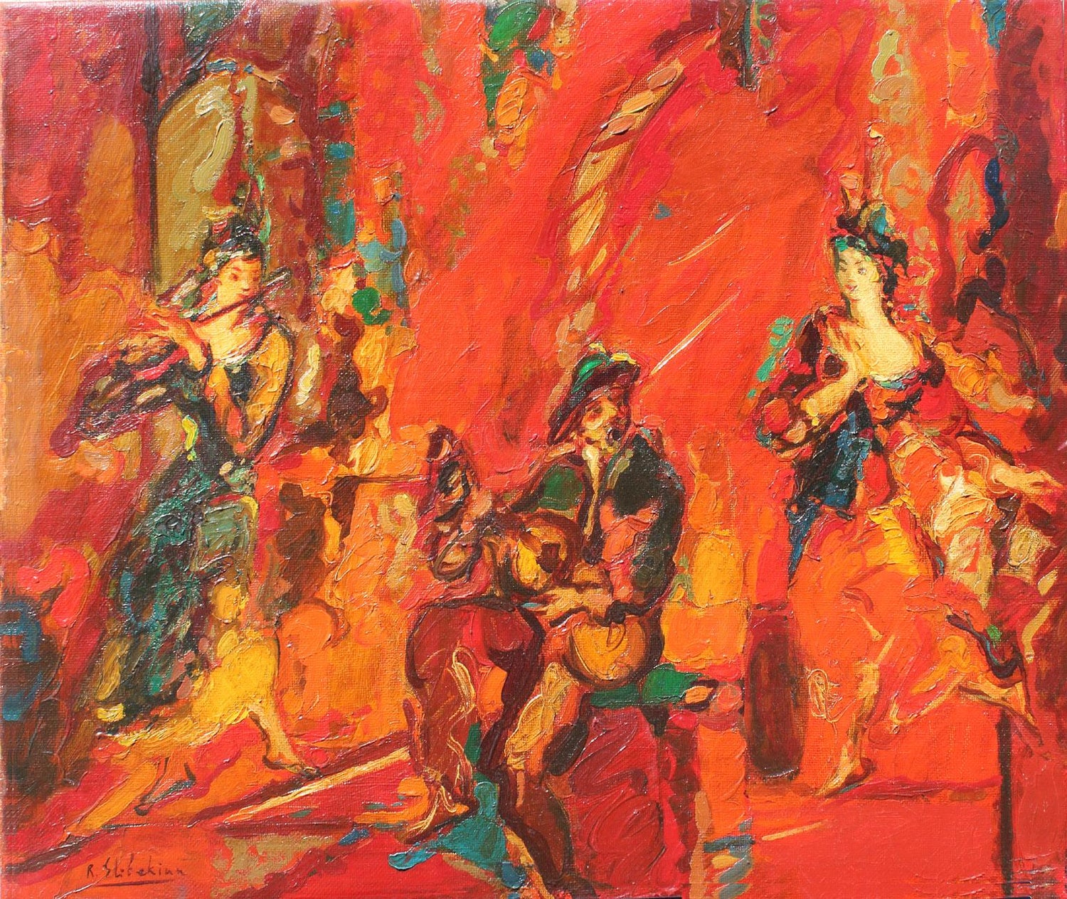 Jewish Klezmer Musicians, Israeli Judaica Impasto Palette Knife Oil Painting