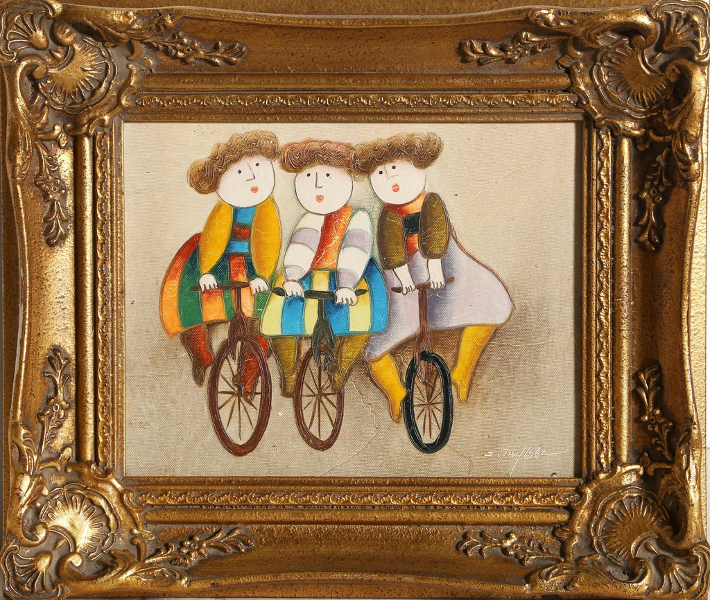 Charming French Naive Art, Clowns on Bicycle Michel Boulet Folk Art Oil Painting