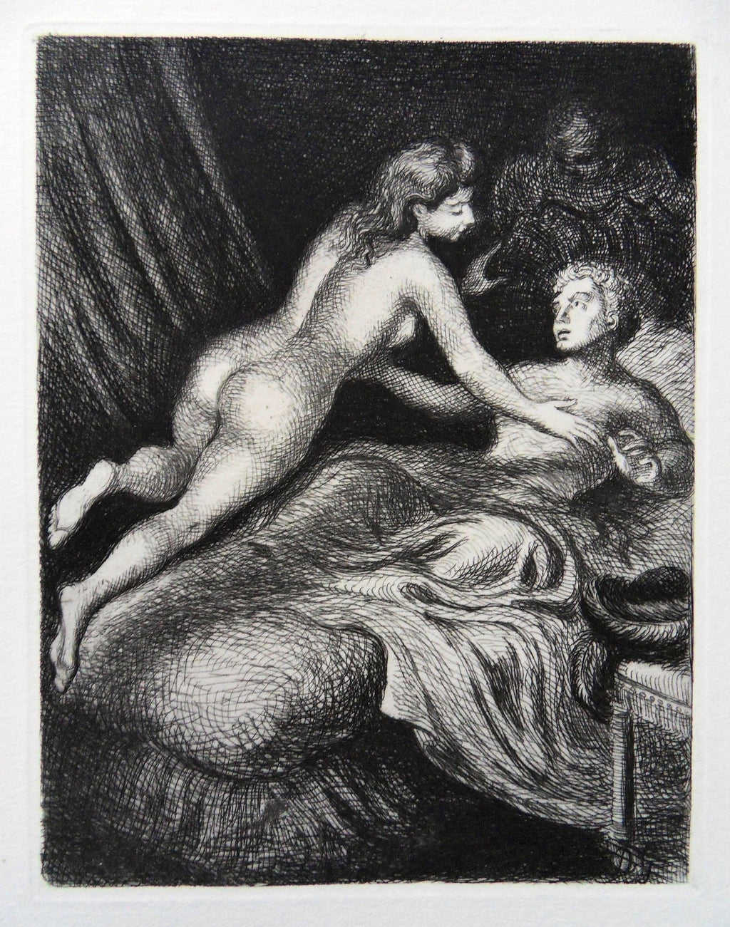 "She Made Him Sleep on her Knees" Etching Israeli Judaica Bezalel School Woman