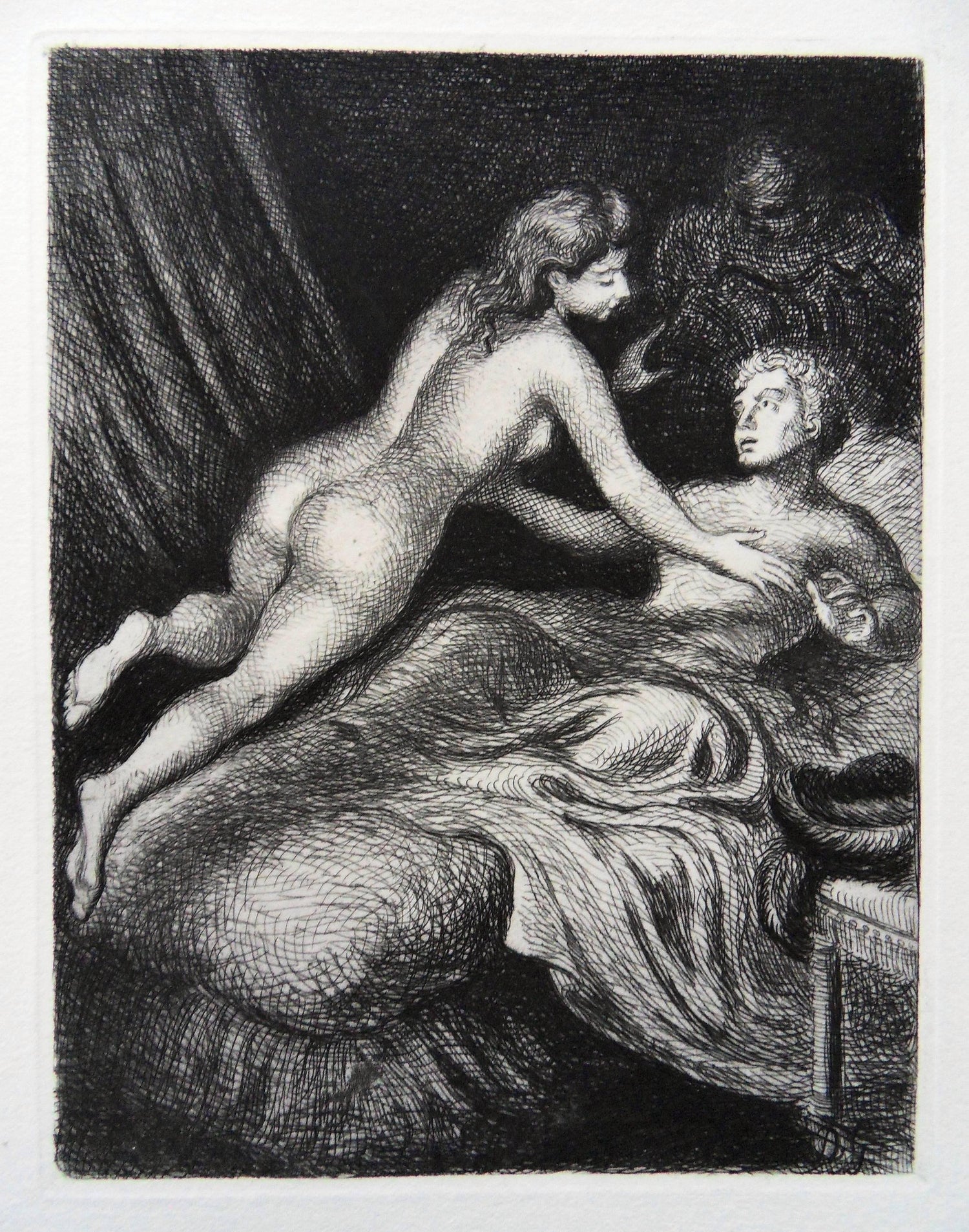 "She Made Him Sleep on her Knees" Etching Israeli Judaica Bezalel School Woman