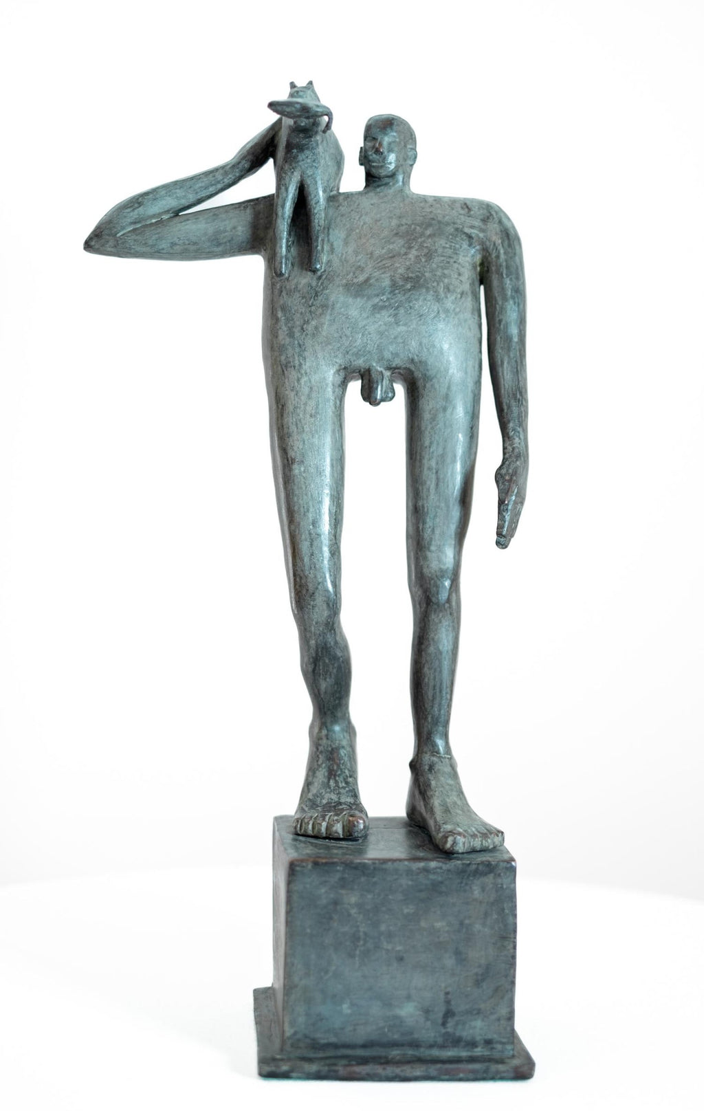 Polish Modernist Man Walking Dog Bronze Expressionist Art Sculpture