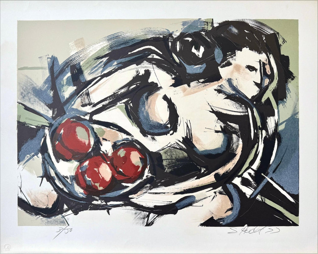 Spanish Catalan Surrealist Lithograph Portrait Girl with Fruit Still Life