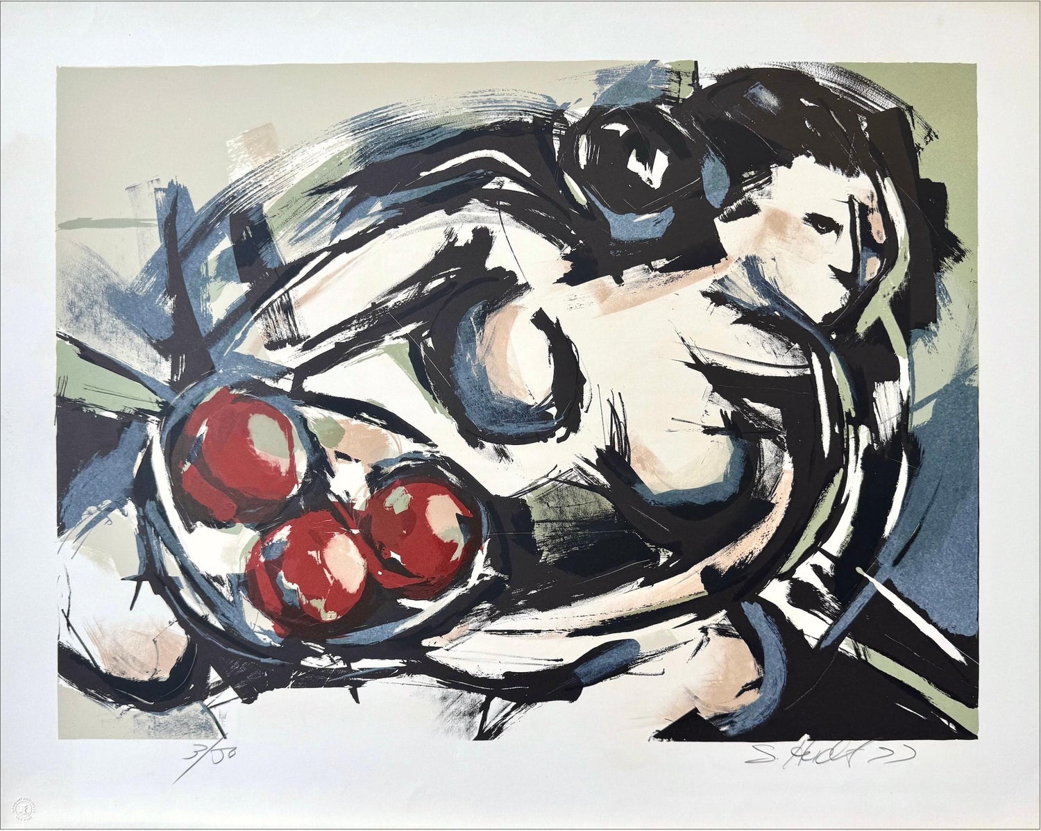 Spanish Catalan Surrealist Lithograph Portrait Girl with Fruit Still Life