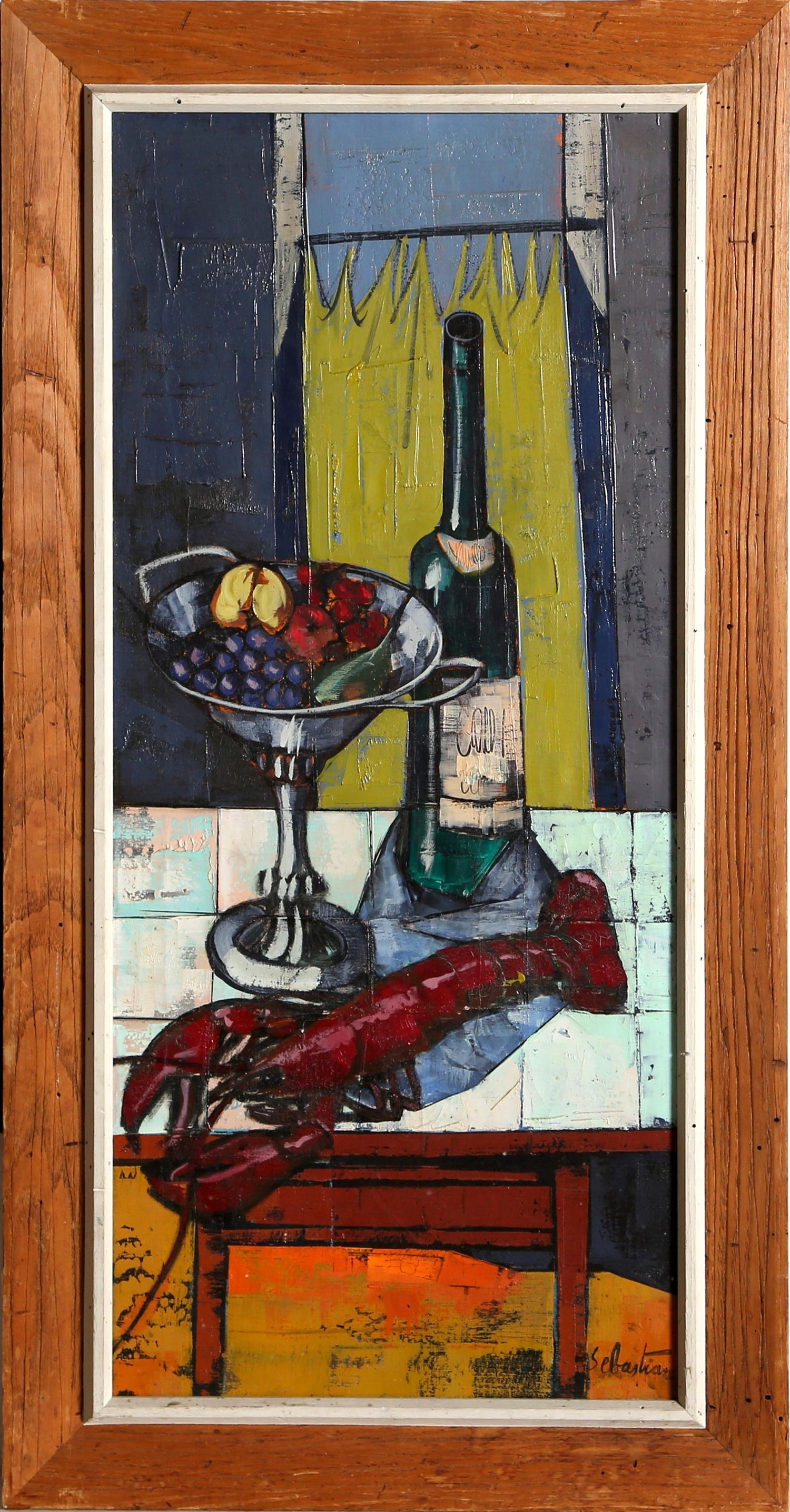 Modernist Oil Painting Still Life Tableaux with Lobster, Pineapple and Clock