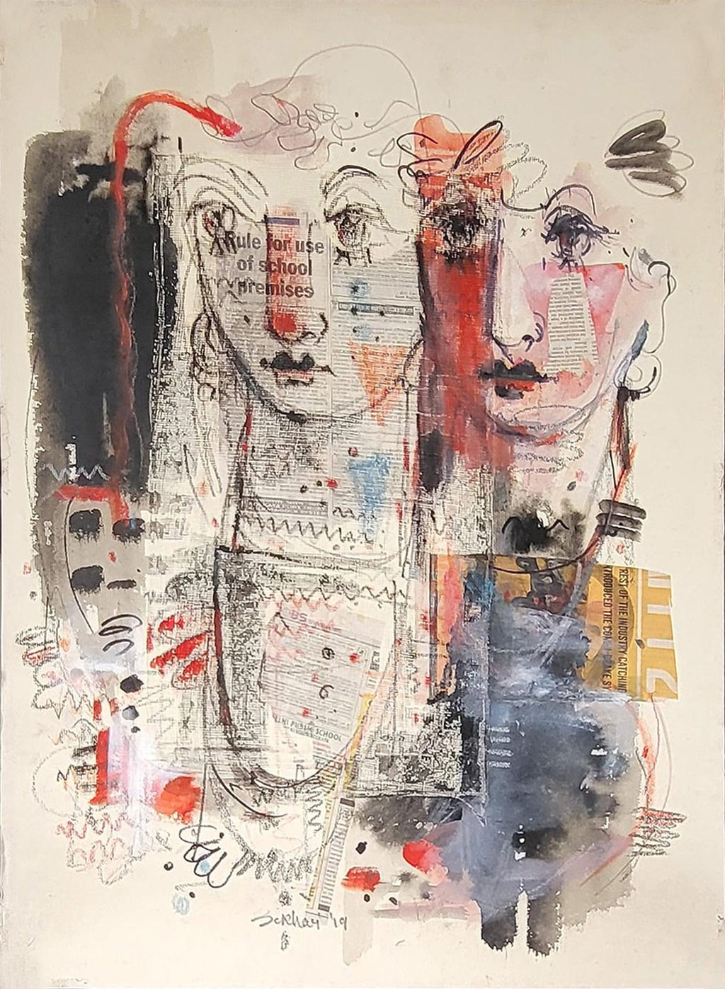 Contemporary Indian Art Master Lithograph in Color Abstract Figures with Cat