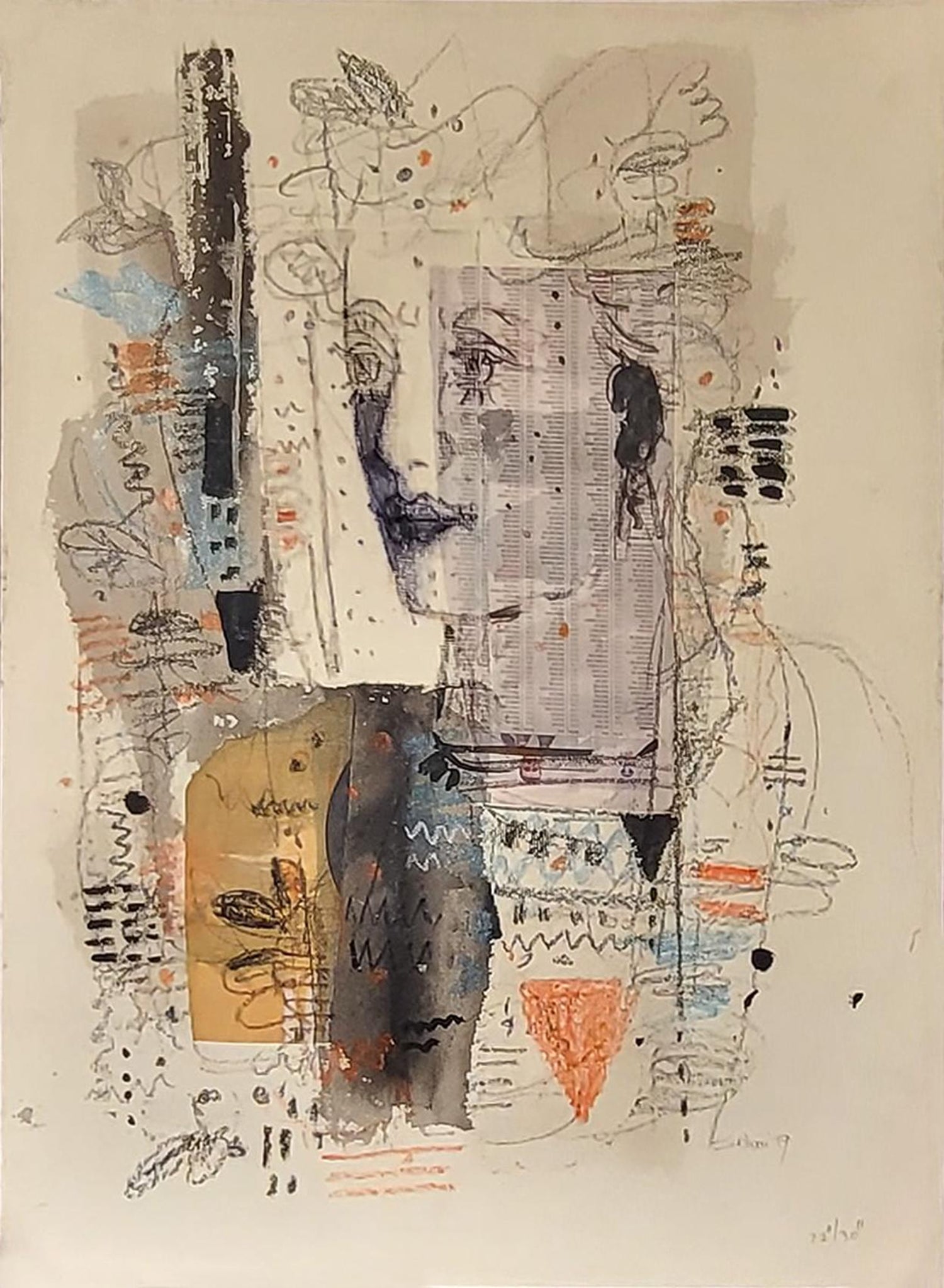 Contemporary Indian Art Master Lithograph in Color Abstract Figures with Cat