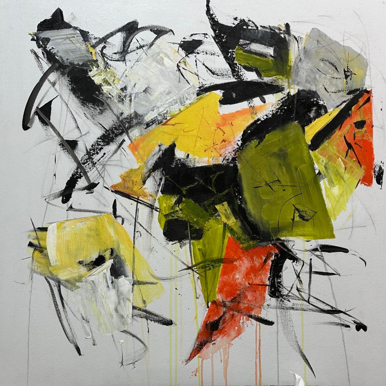 Abstract Orange Squares on Yellow "Spain" Stencilled Letters Mod Oil Painting