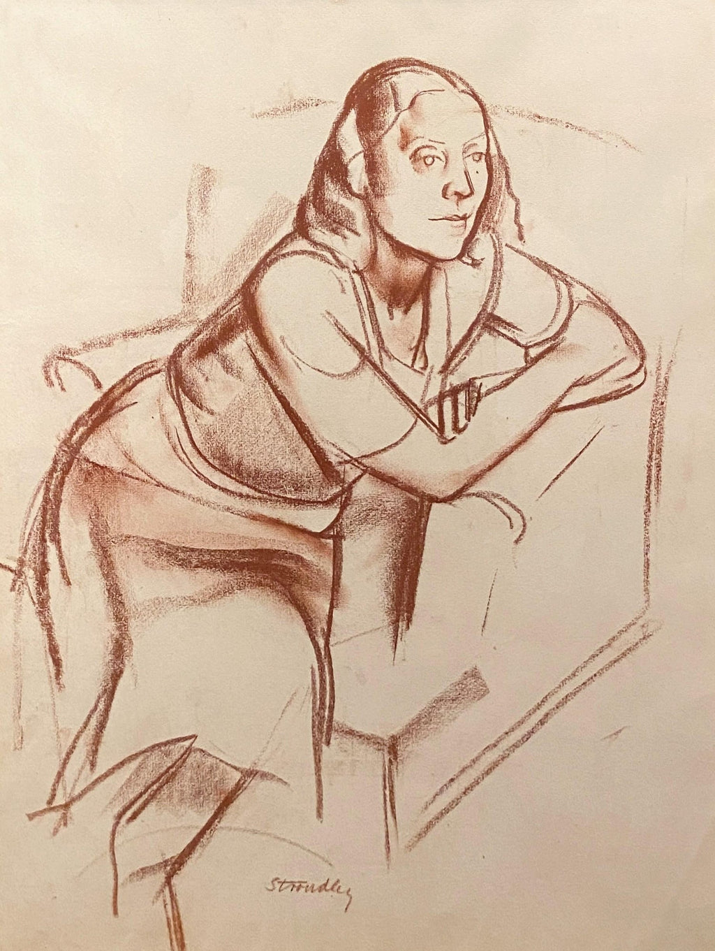 Charcoal Drawing "Waiting" Pensive Woman Americana WPA Artist