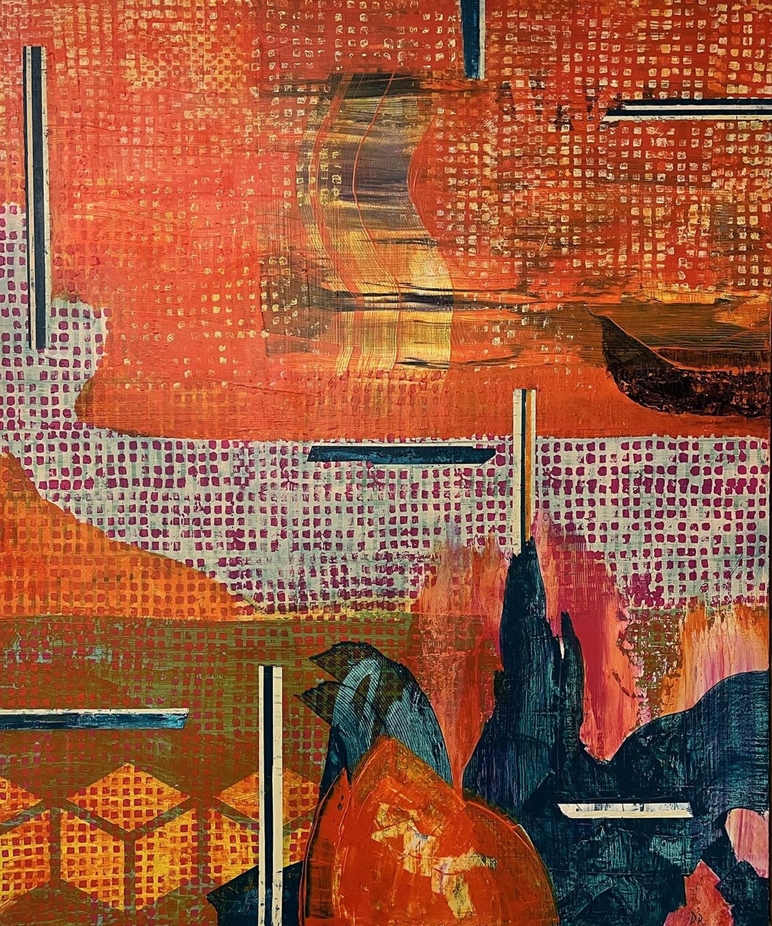 Abstract Orange Squares on Yellow "Spain" Stencilled Letters Mod Oil Painting
