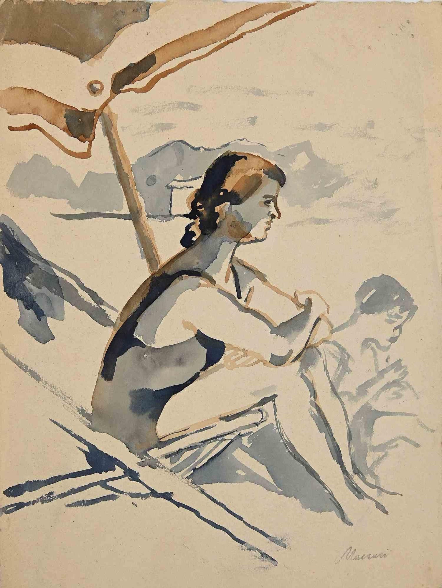 Modernist Conte Crayon Drawing Beach Scene David Burliuk Russian Futurist