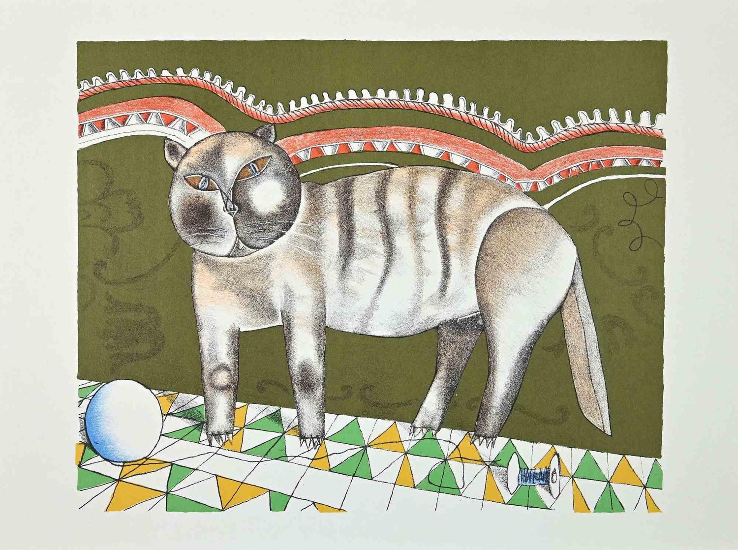 Contemporary Indian Art Master Lithograph in Color Abstract Figures with Cat