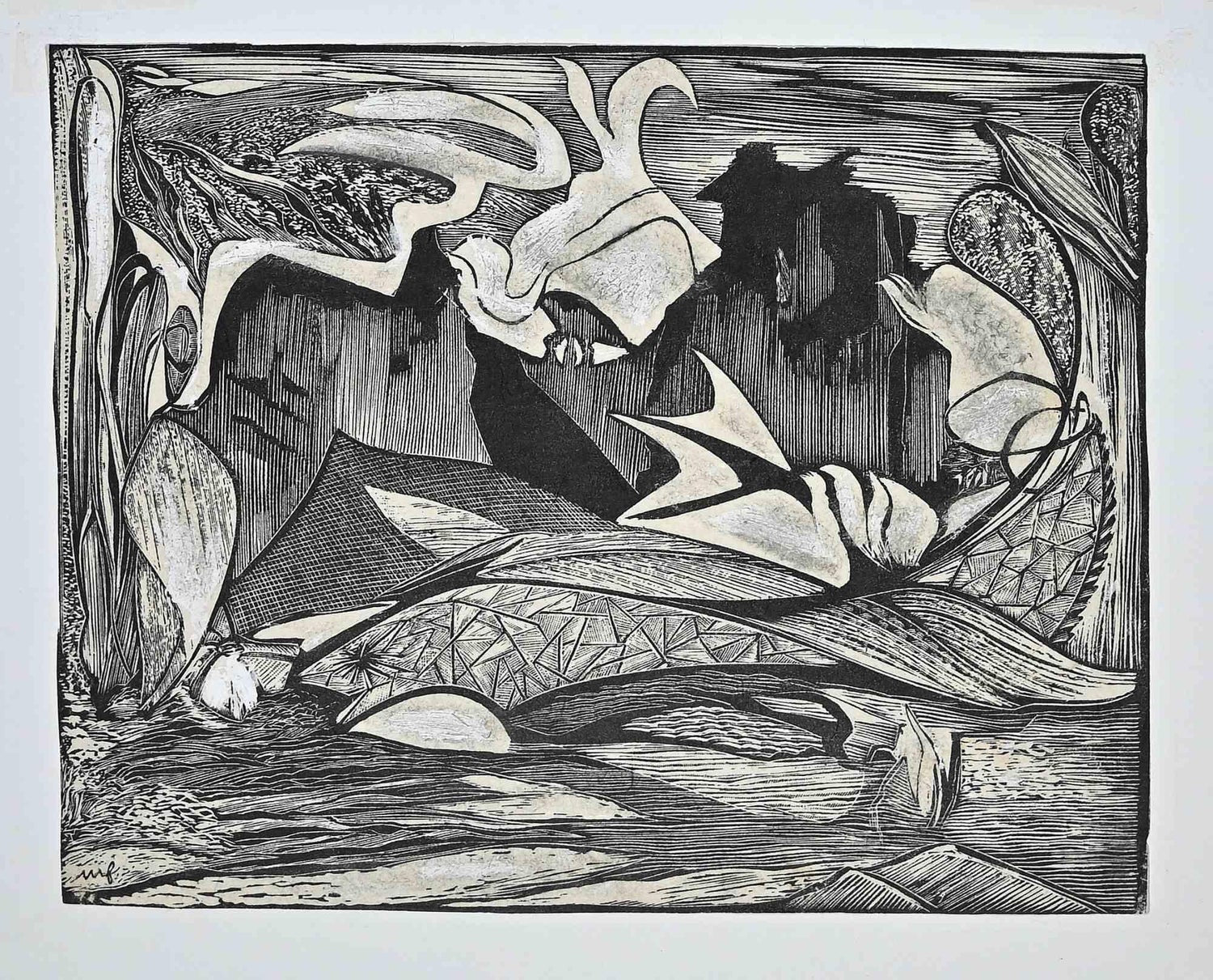 Vintage Vibrant Mod Divine Comedy Dante Inferno Virgil Woodblock Woodcut Print