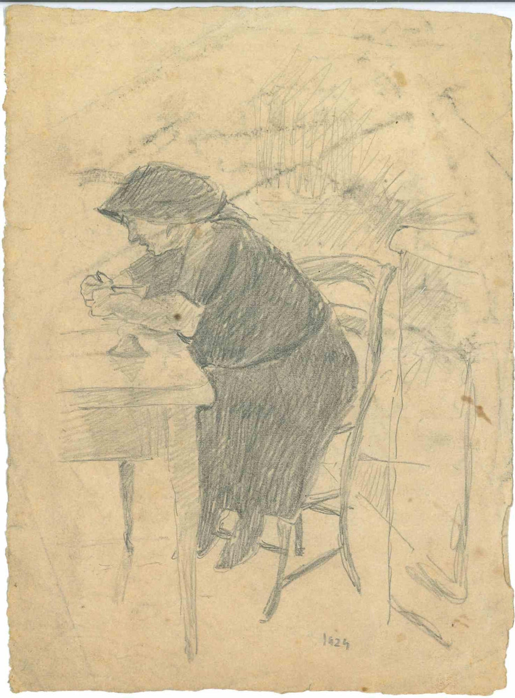 Charcoal Drawing "Waiting" Pensive Woman Americana WPA Artist