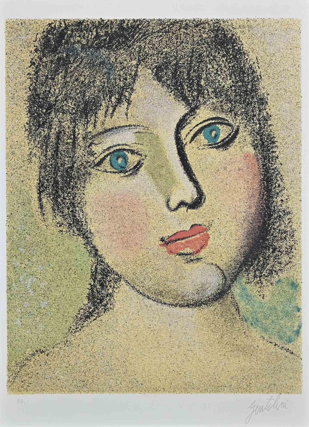 Spanish Catalan Surrealist Lithograph Portrait Girl with Fruit Still Life