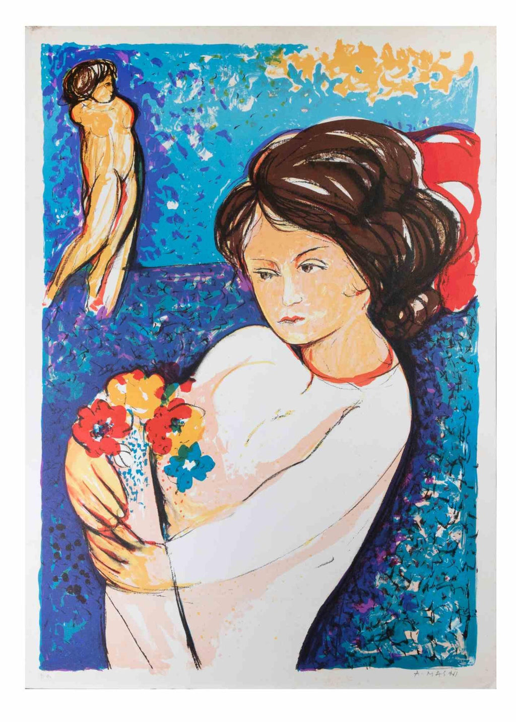 Hand Colored Etching Cuca Romley Naive Folk Art Young Girl Period Frame