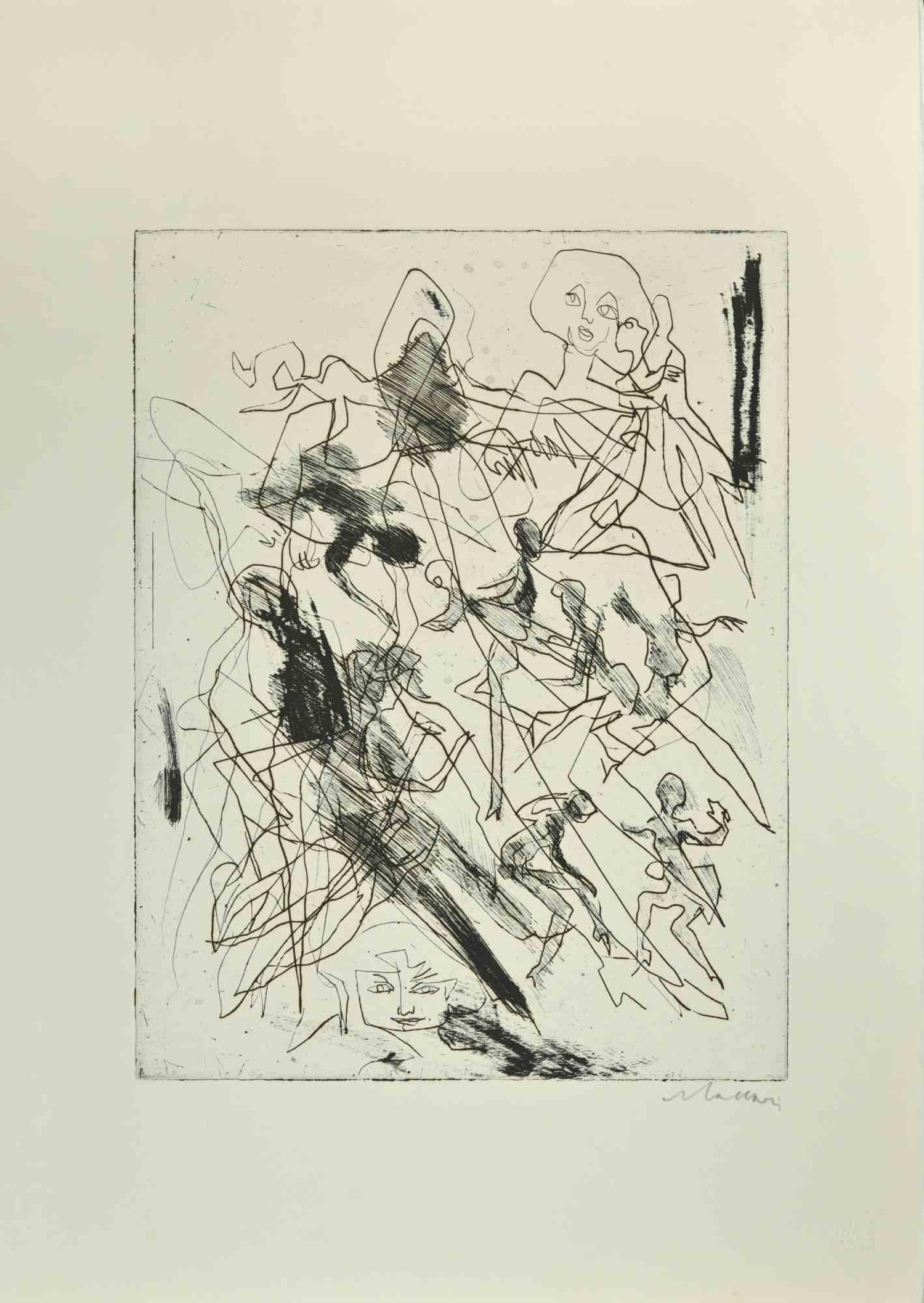 Fallen Figures. Standing Dog, American Modernist Abstract Etching