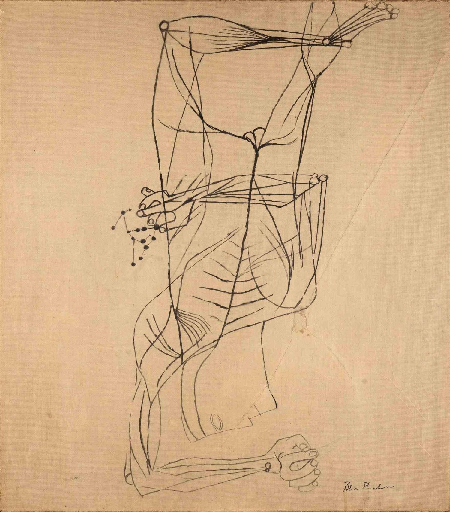 Ink Drawing Man in Suit and Hat with Nude