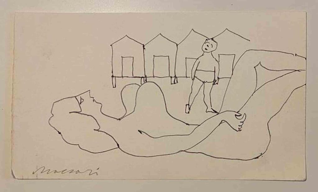 Modernist Conte Crayon Drawing Beach Scene David Burliuk Russian Futurist