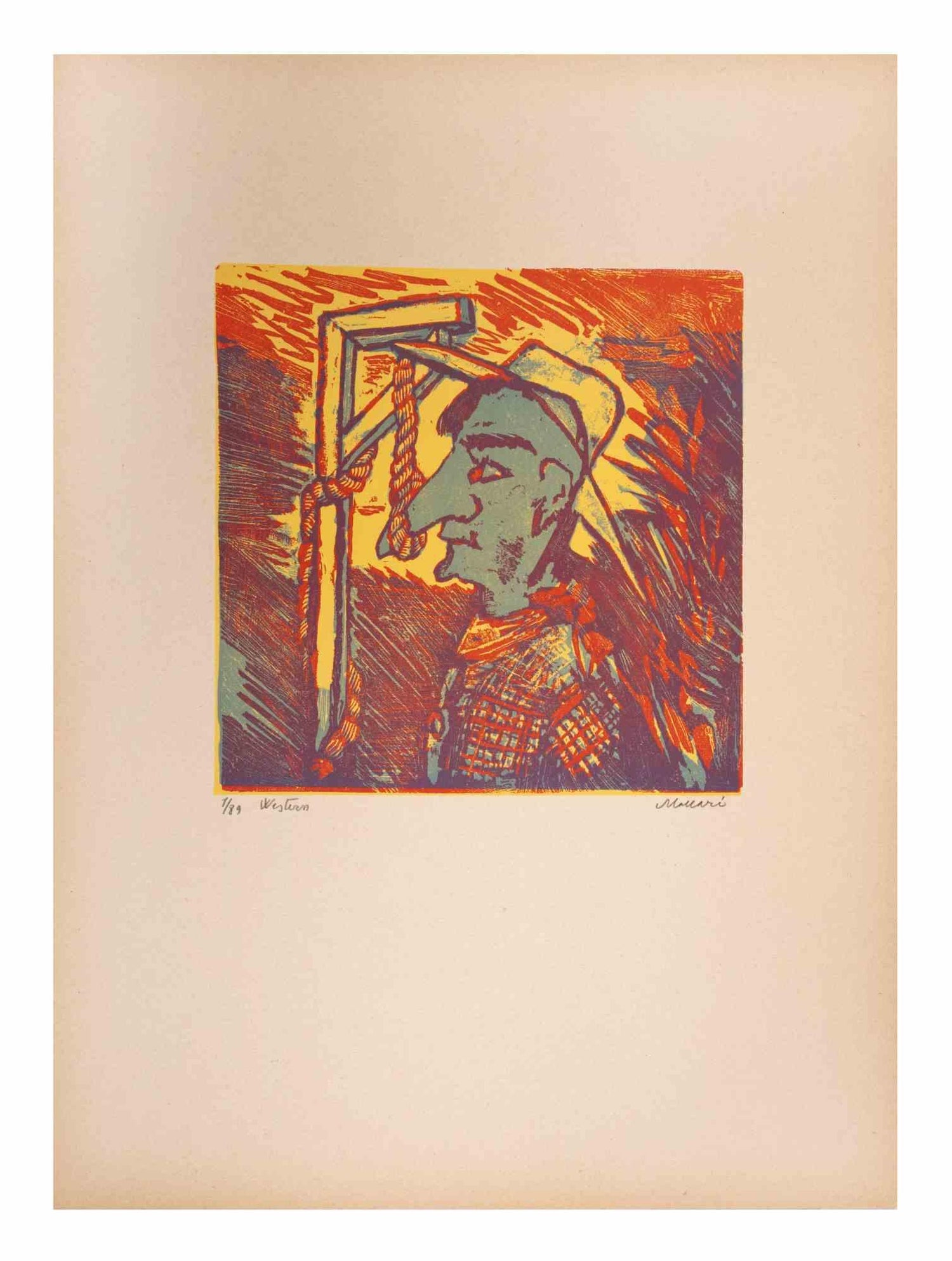 Vintage Vibrant Mod Mythological 1960's Psychedelic Woodblock Woodcut Print