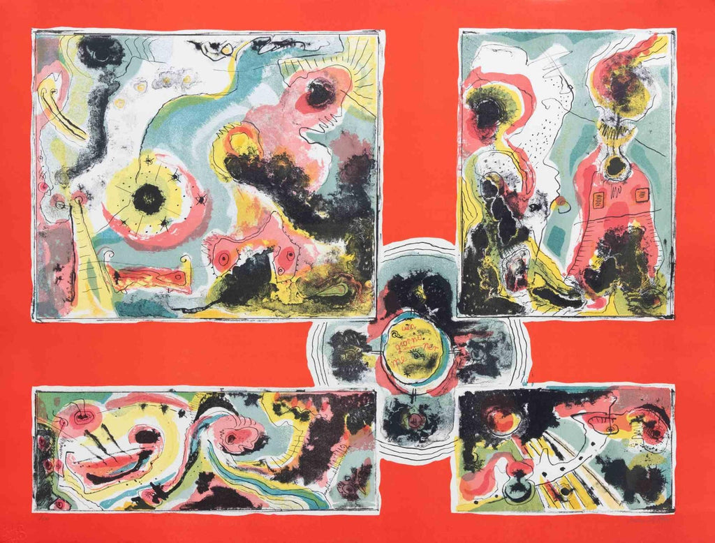 Chinese American Modernist Abstract "Red Tapestry" Color Lithograph