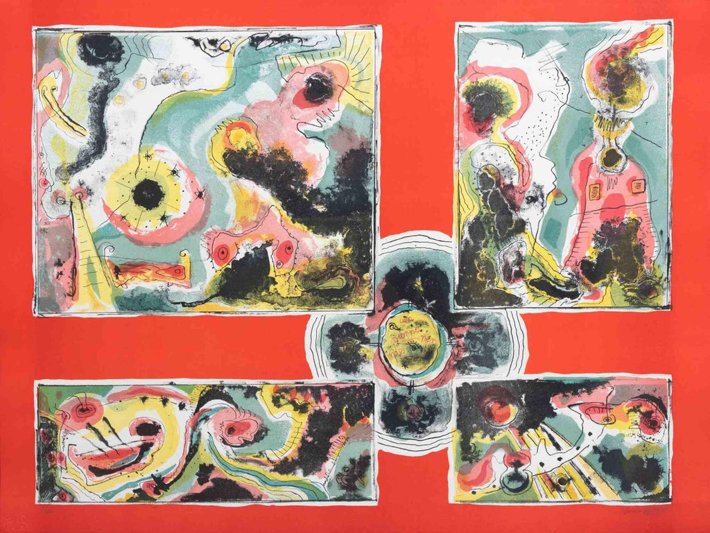 Chinese American Modernist Abstract "Red Tapestry" Color Lithograph