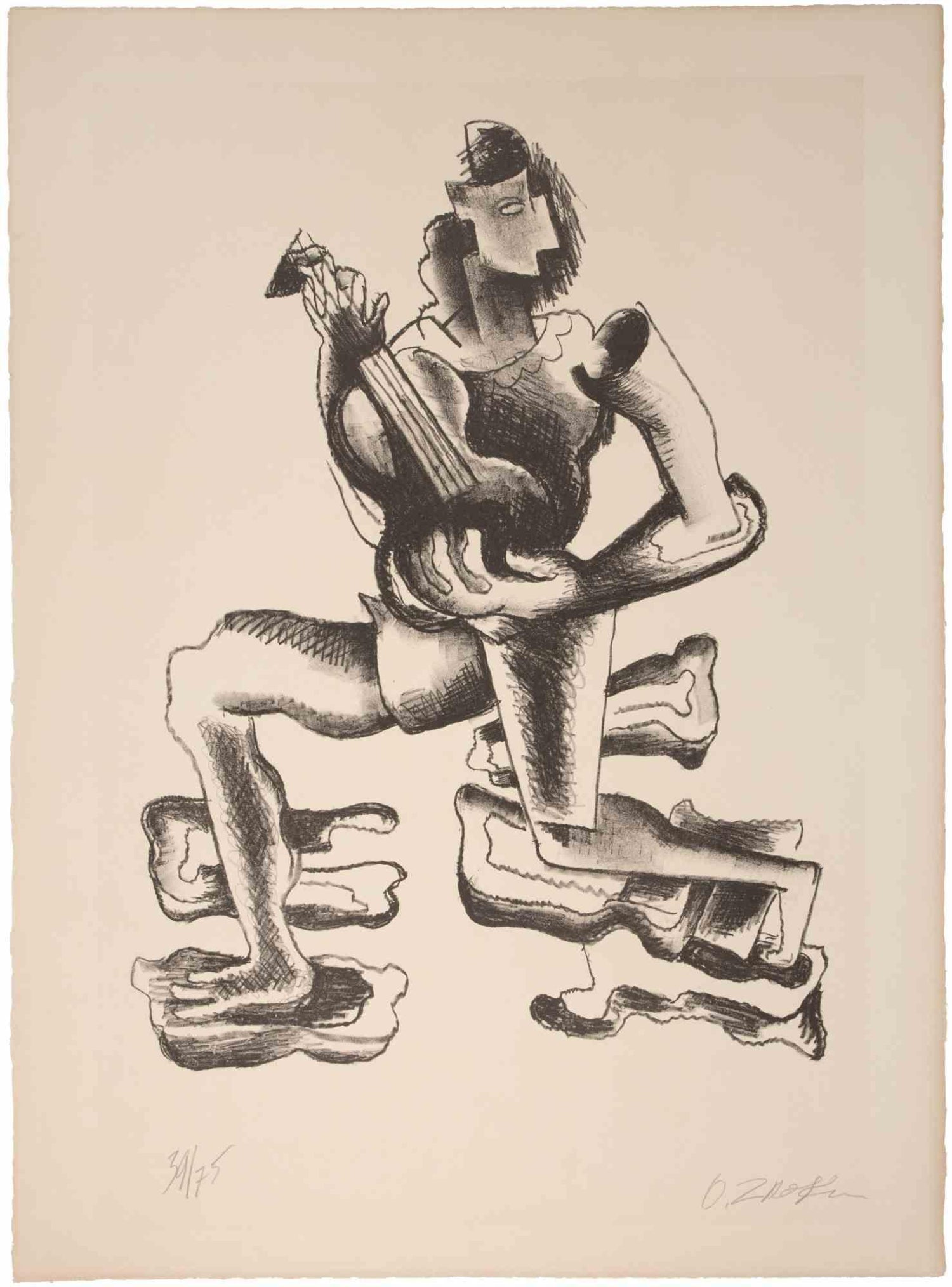 Large Cubist Modernist Color French Lithograph Zadkine Figures La Famille