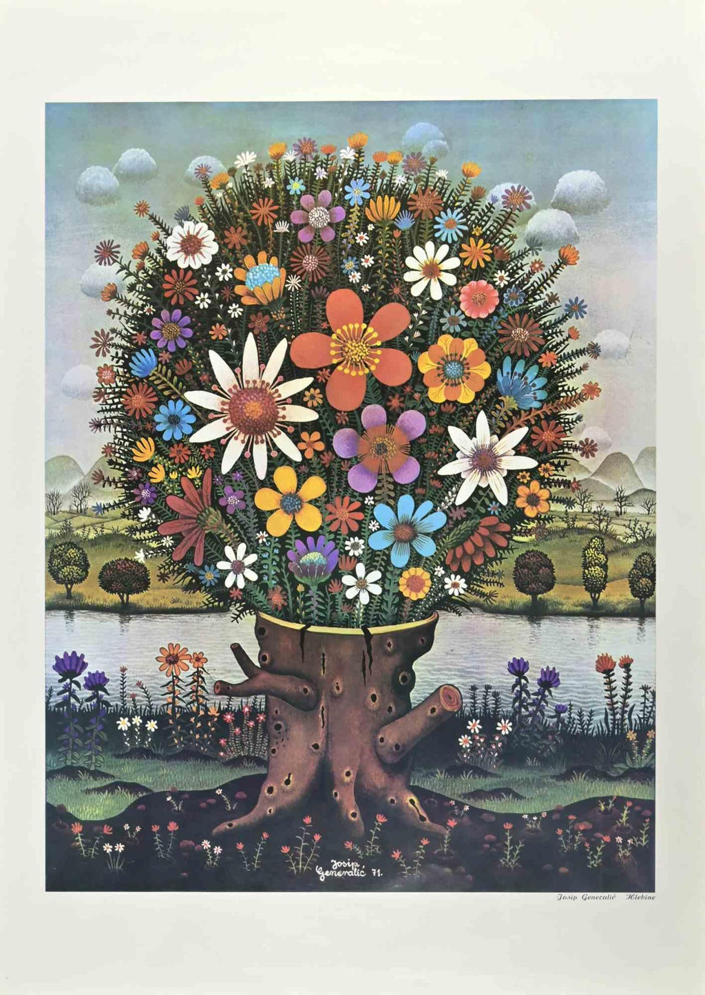 Modernist 1998 Flowering Tree Color Lithograph Dan Rizzie Mod Collage Artist