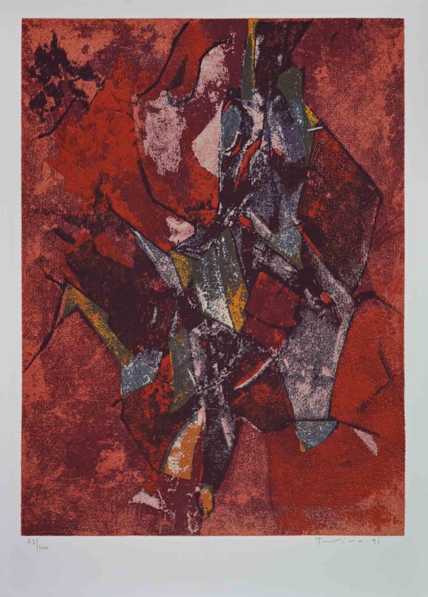 Chinese American Modernist Abstract "Red Tapestry" Color Lithograph