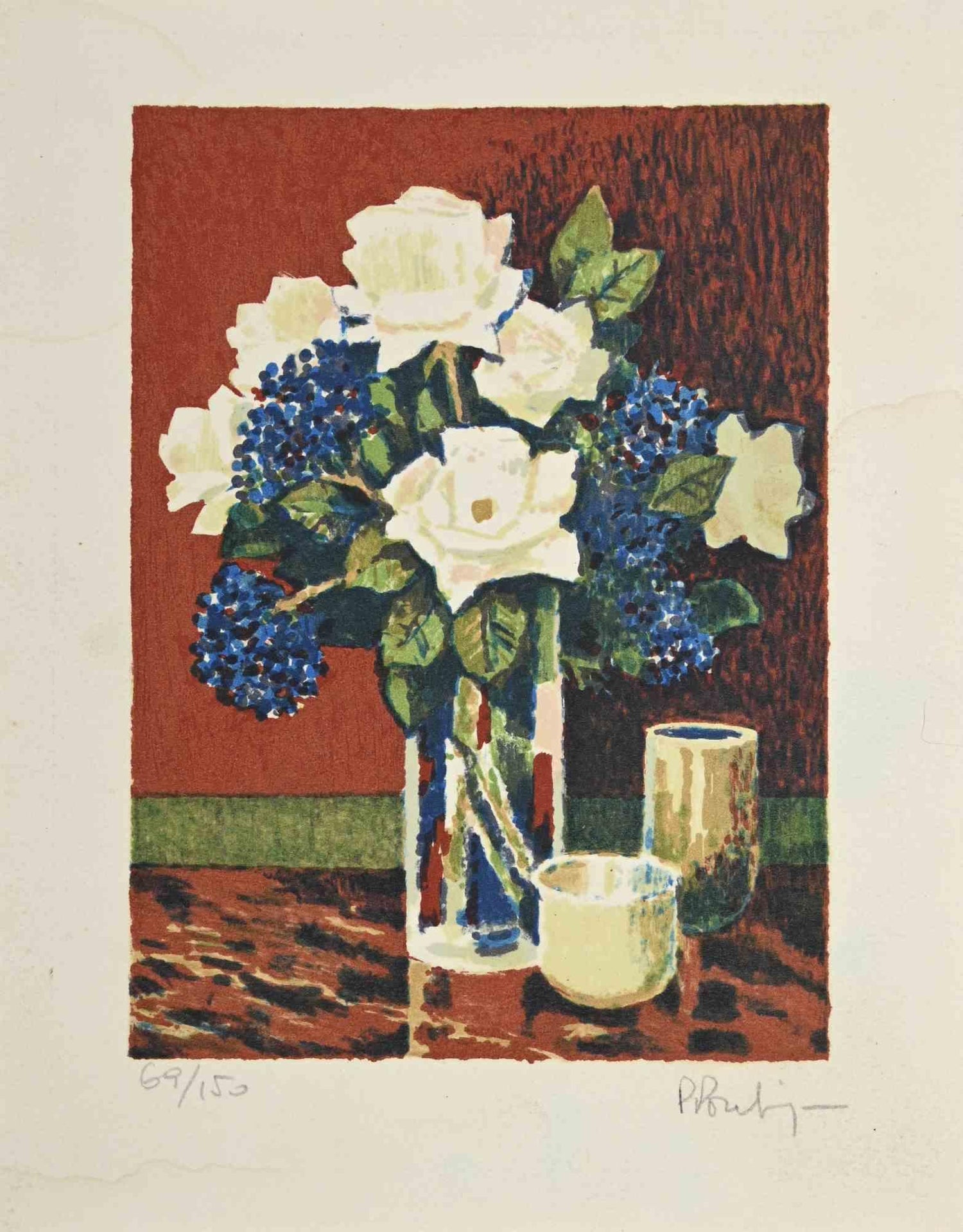 Offset Lithograph Modernist Print of Bold Vibrant Flowers, Plate Signed