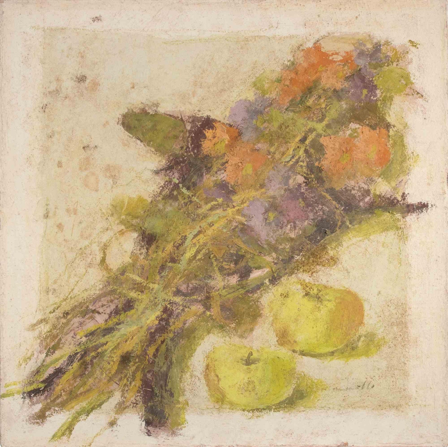 Joseph Maresca Encaustic Wax Oil Painting and Tile On Board Still Life w Fruit